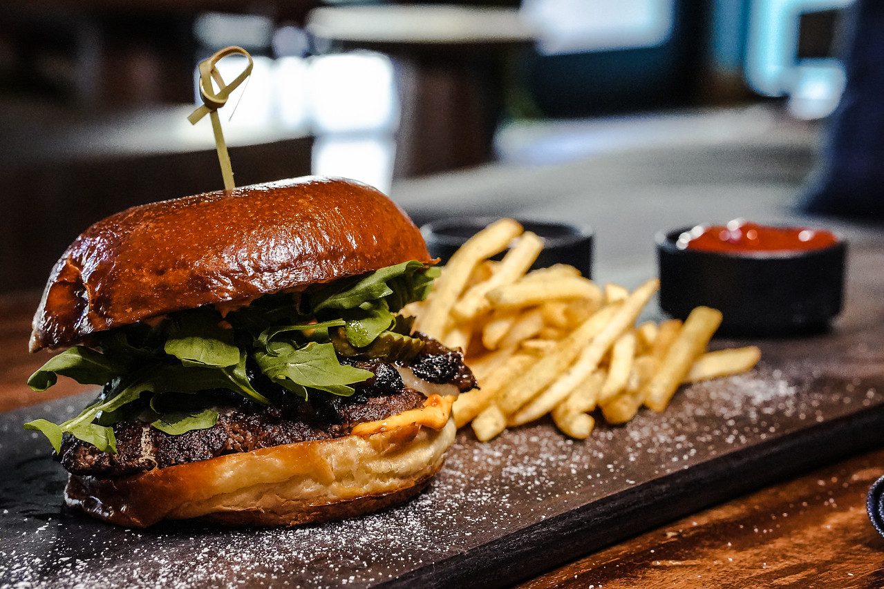Burger with french fries and sause
